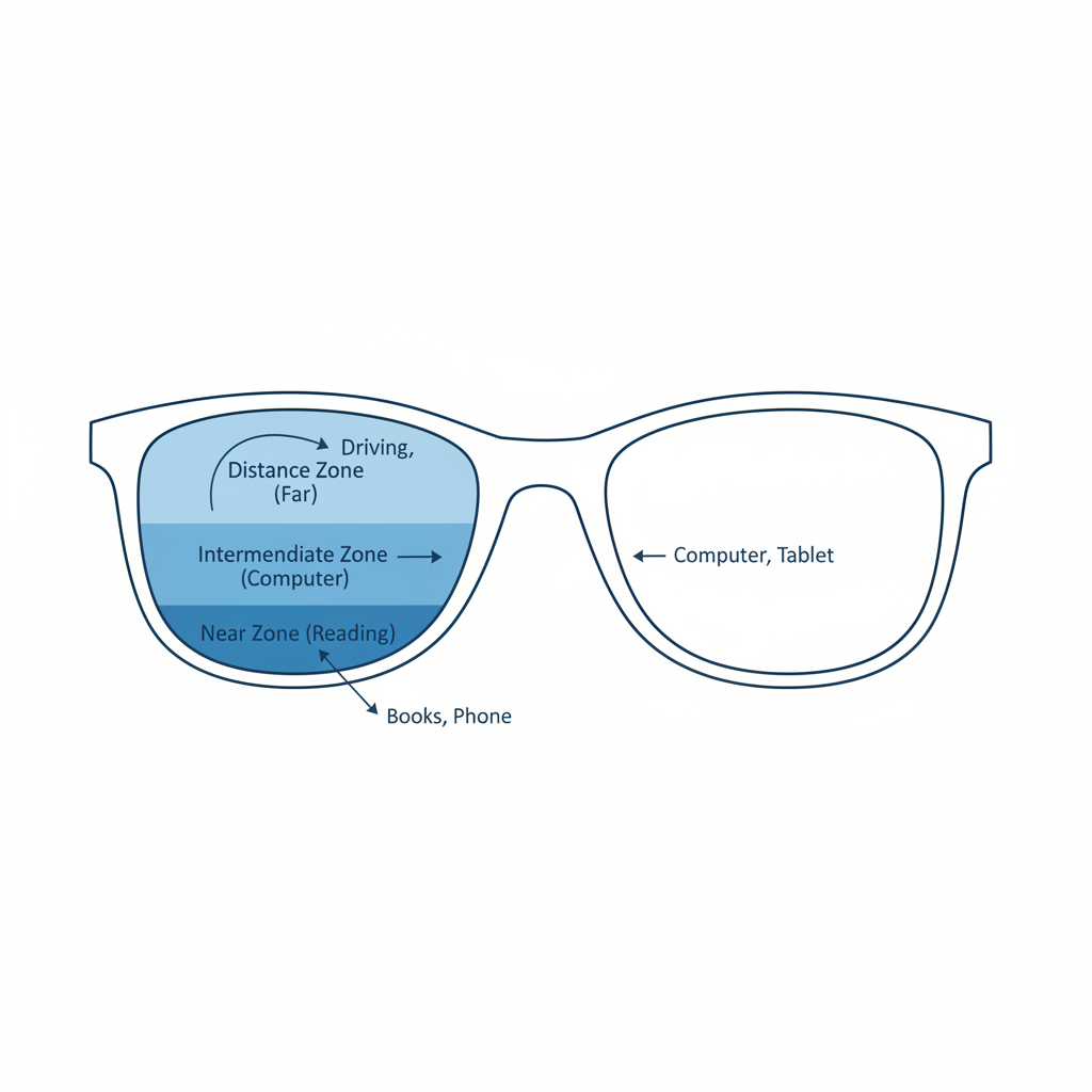 A clear, simple diagram showing the three distinct visual zones of a progressive lens: a large 'Distance' zone at the top, a medium-sized 'Intermediate' zone in the middle, and a small 'Near' zone at the bottom.