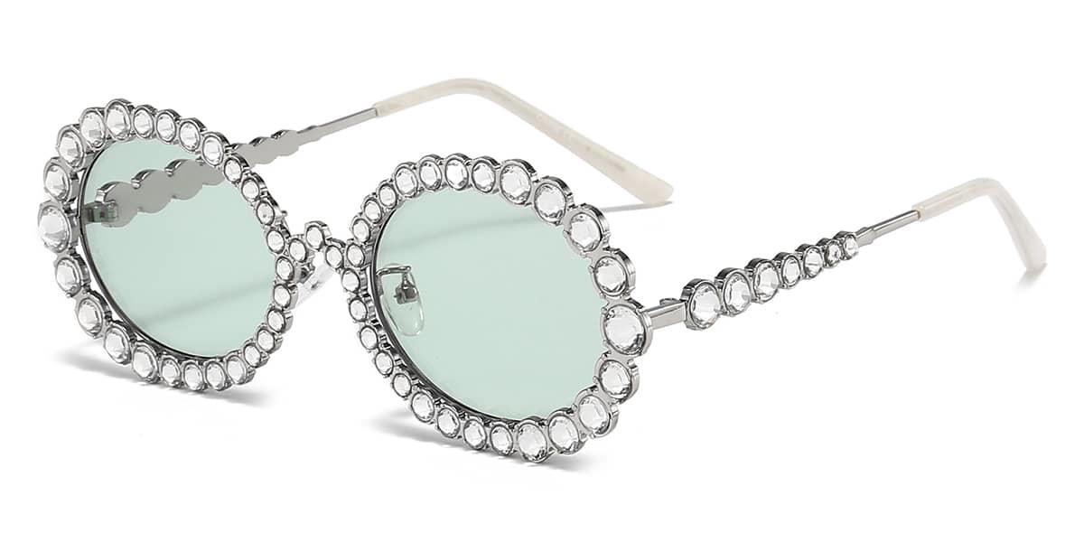 Diamond Silver Green Ekat - Round Sunglasses