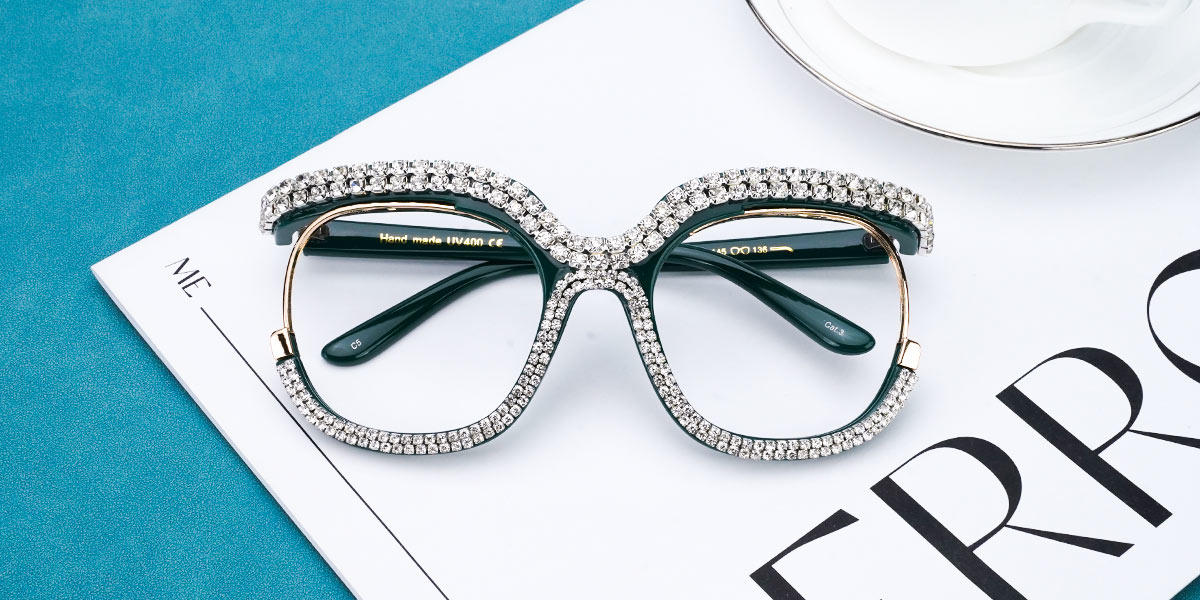 Deep Green White Diamond Roisin - Square Glasses