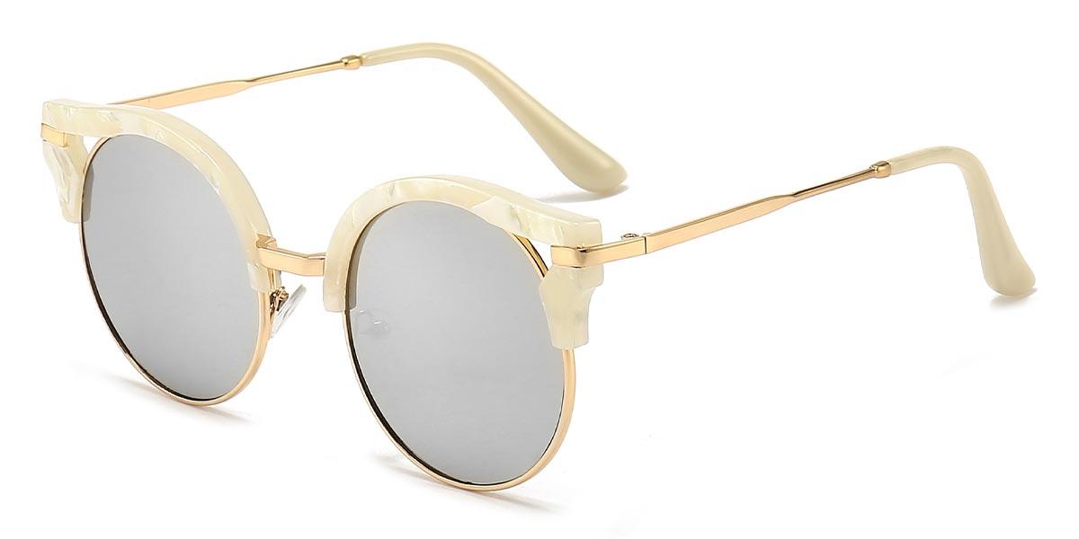 Beige White Mirror Betty - Round Sunglasses