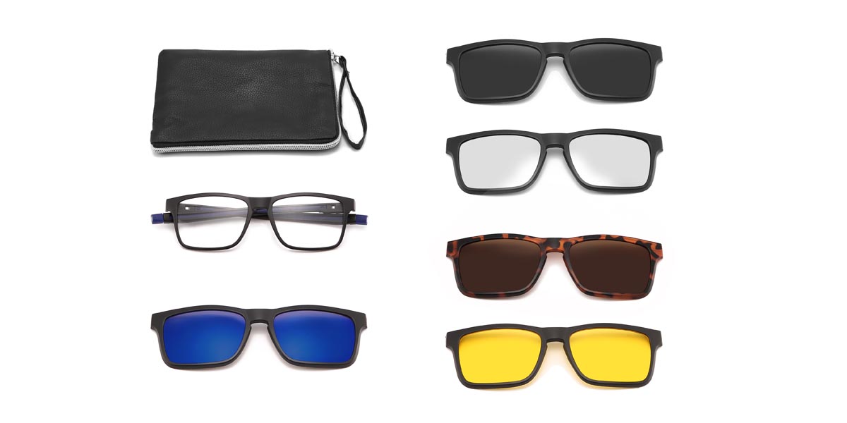 Black Blue Moses - Rectangle Clip-On Sunglasses