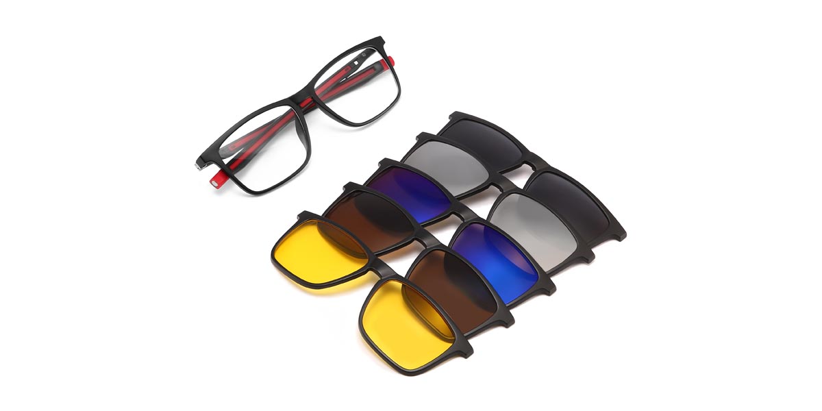 Black Red Kerwin - Rectangle Clip-On Sunglasses