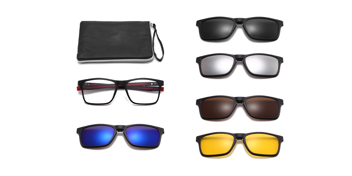 Black Red Bobby - Rectangle Clip-On Sunglasses