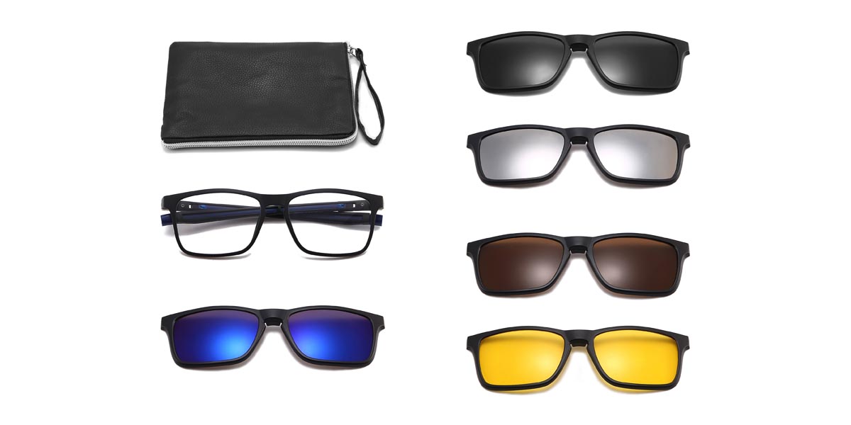 Black Blue Bobby - Rectangle Clip-On Sunglasses