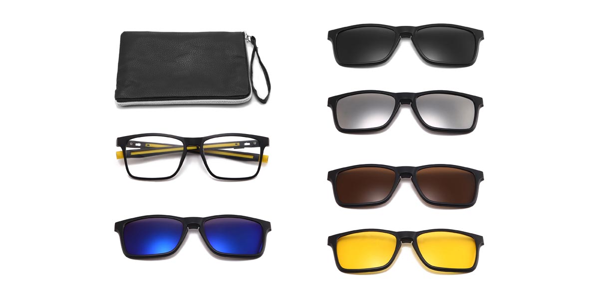 Black Yellow Bobby - Rectangle Clip-On Sunglasses