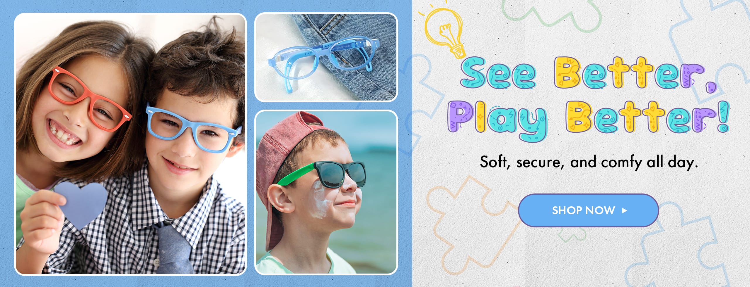 kids' eyeglasses for ages 3 to 16, lightweight and comfortable