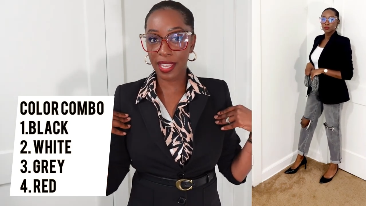 Janine Z in Lensmart Venus red tortoiseshell frames, elevating a monochrome outfit with edgy red accents.