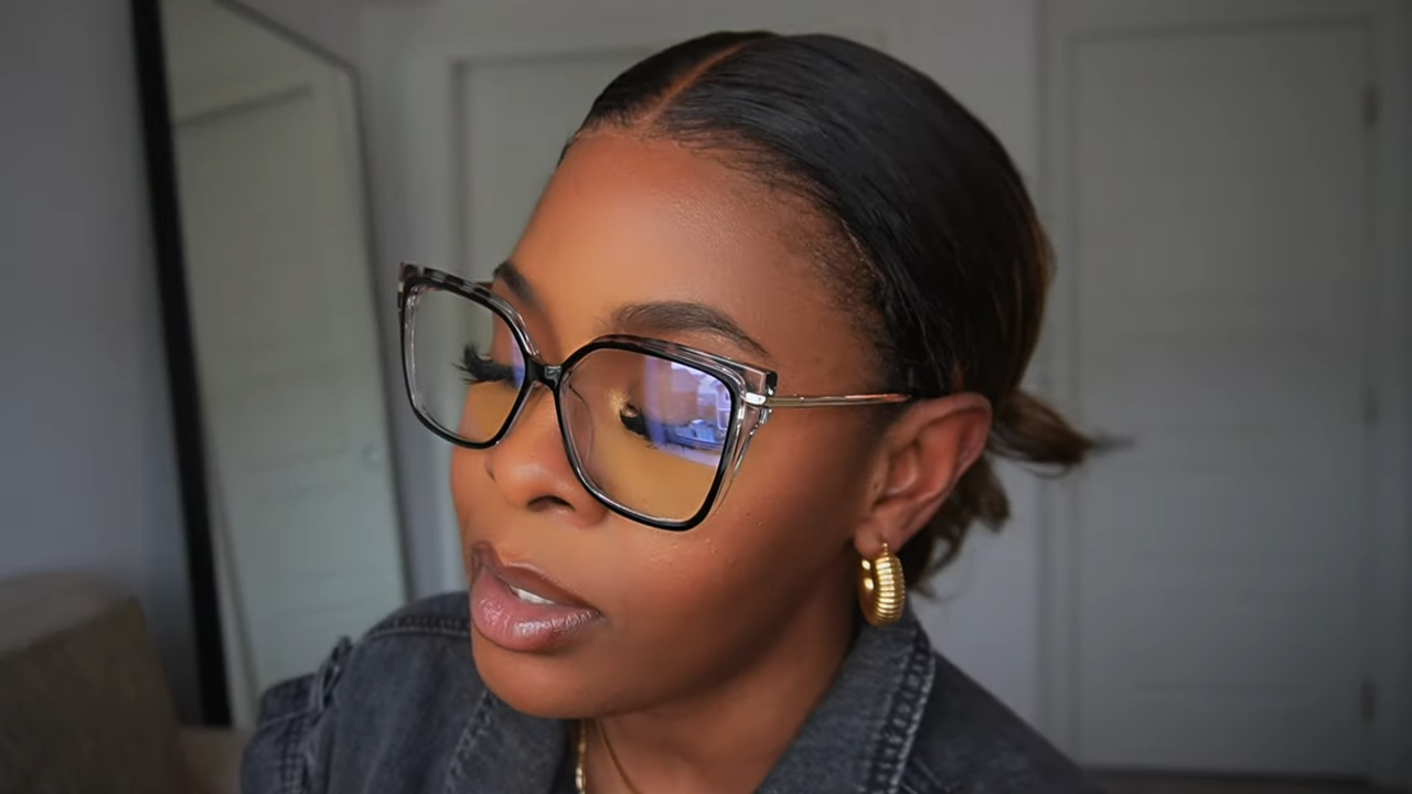 Tara Shanice wearing Lensmart Sarah frames featuring black/tortoise design, gold accents, and blue light protection for remote workers.