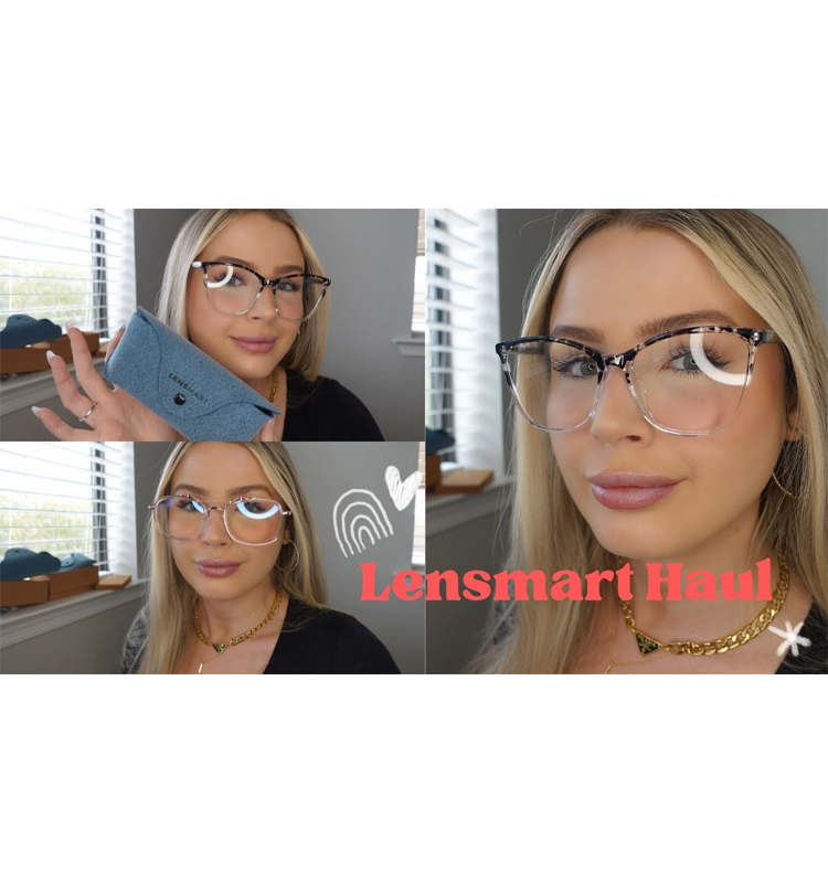 Michaela showcasing multiple Lensmart glasses in a haul, featuring different frame styles and a blue Lensmart case, highlighting a variety of chic eyewear options.