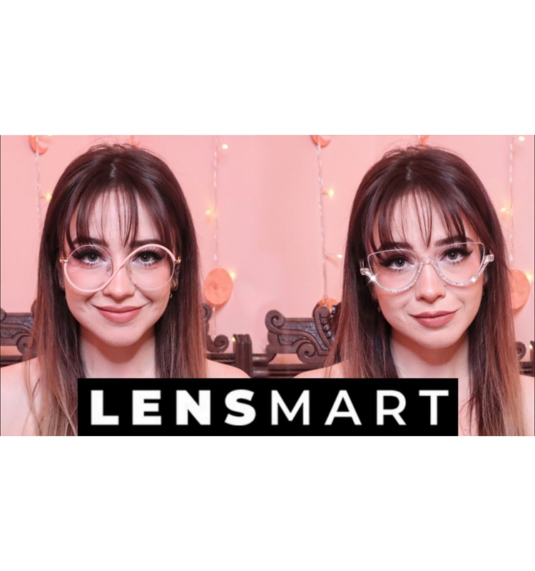 Zoe showcasing two pairs of Lensmart glasses: on the left, the Jasmine model, delicate droopy-shaped glasses with irregular pink-gold metal frames and rhinestone tassels on the arms; on the right, the Azalea model, elegant floral cat-eye glasses with plas