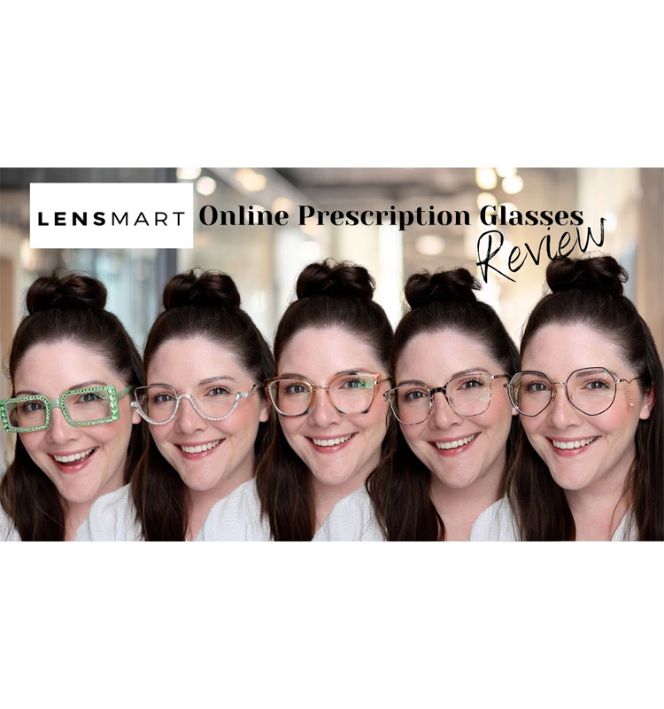 Hannah Marie holding five Lensmart frames including Frode tortoise shell, Jasmine star - dangle, and Dana cat - eye glasses, showcasing her review of affordable eyewear styles.