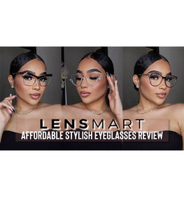 Symphony Taylor trying on five Lensmart frames—Madison cat-eye, Molly tortoiseshell, Yandy geometric, diamond-accented bling, and Marley clear animal print—showcasing affordable stylish eyewear with blue light protection.
