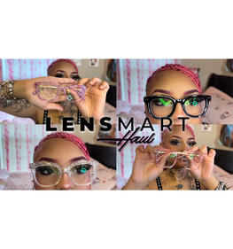Youtuber Jay Diamond reviews Lensmart's glasses, showcasing stylish frames and unique accessories in a vibrant, creative setting.