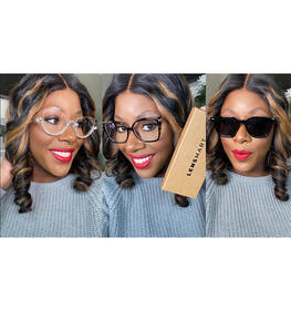 Mesha showcasing three Lensmart eyewear styles: the transparent crystal-framed Behati collection on the left, the black-framed Sarah collection in the center, and the Thandie collection sunglasses on the right. Each style features distinctive characterist