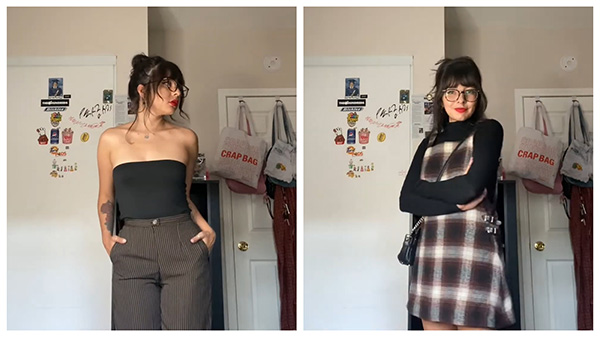 Joë Dorian wearing Lensmart classic simple glasses, styled in two contrasting outfits to show the frame's versatility.