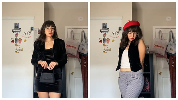 Joë Dorian dons Lensmart vintage black glasses with panda embellishments, styled in two Fran Fine - inspired & favorite outfits to highlight the frame's charm.