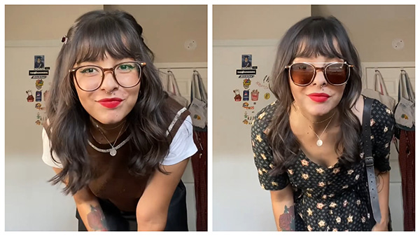 Joë Dorian styling Lensmart brown rectangular glasses (with detachable shades), showing two outfit pairings.