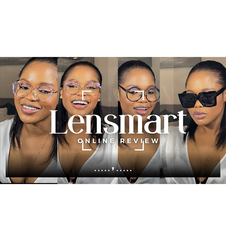 Wanita Paris showcasing Lensmart glasses in an online review, featuring four stylish eyewear designs.