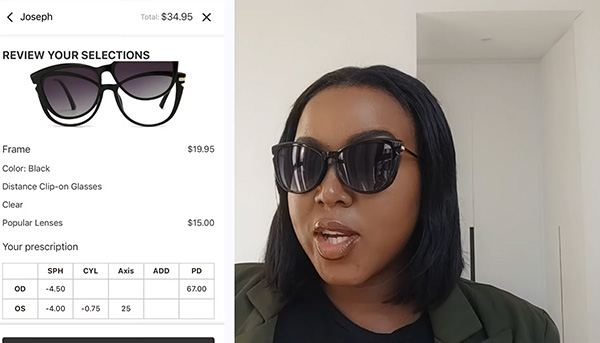 Namolinah wears Lensmart Joseph glasses, highlighting bold magnetic clip - on sunglasses paired with a chic chain.