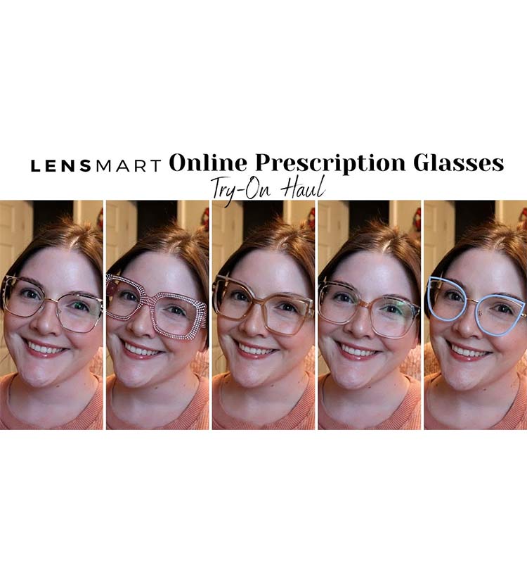 Lensmart Online Prescription Glasses Try - On Haul cover. Features five different Lensmart frames as reviewed by Hannah Marie, showcasing styles like cat - eye, tortoise shell, etc.