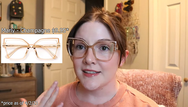 Marly Champagne glasses by Lensmart. A neutral - colored, cat - eye style frame without nose pads but super comfortable, as reviewed by Hannah Marie.