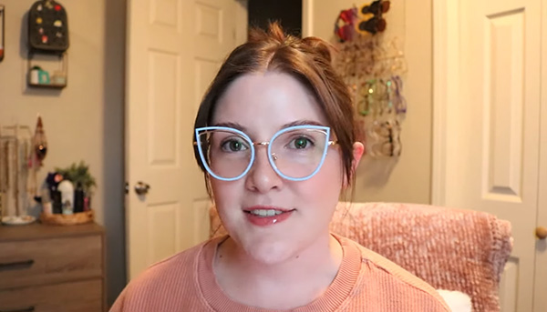 Hye Blue Cat - Eye glasses from Lensmart, featured in Hannah Marie's review. These blue frames with gold detail under the cat - eye are adjustable and perfect for spring.