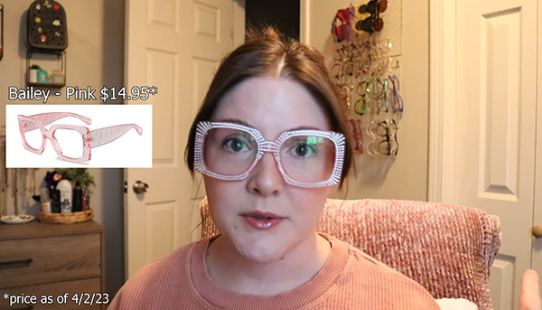 Bailey - Pink glasses from Lensmart. Fun pink frames with studs on temples, comfortable and mood - boosting, featured in Hannah Marie's review.