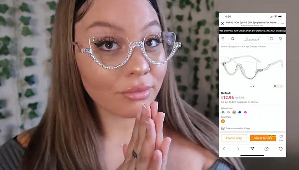 Tianna Brown wearing Lensmart crystal - adorned glasses. Showcasing the unique frameless design with rhinestone detailing, part of her Lensmart eyewear review.