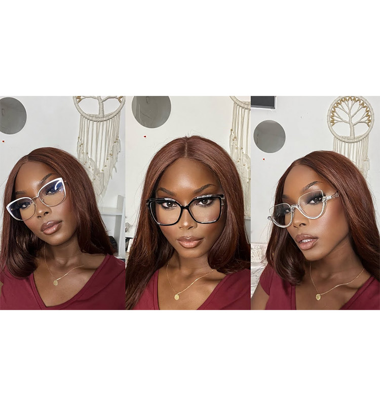 Aishax Channel showcasing three stylish Lensmart glasses styles (white - trimmed cat - eye, black classic, clear frame) in a side - by - side look, all paired with a burgundy top.