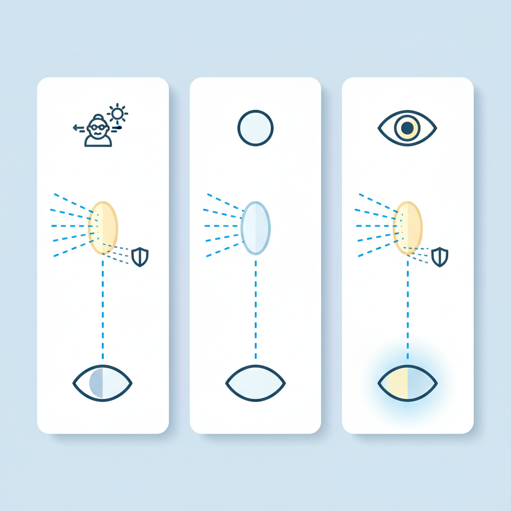 A simplified diagram showing three eyes. The first eye shows a yellowed natural lens blocking some blue light. The second shows a basic clear IOL allowing most blue light to pass. The third shows a modern IOL with a yellow chromophore filtering a portion of the blue light.