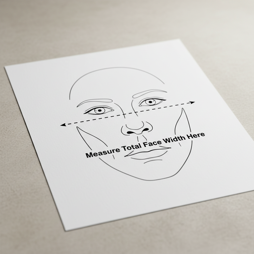 A diagram illustrating the correct way to measure face width for sunglasses, from cheekbone to cheekbone at the pupil line.