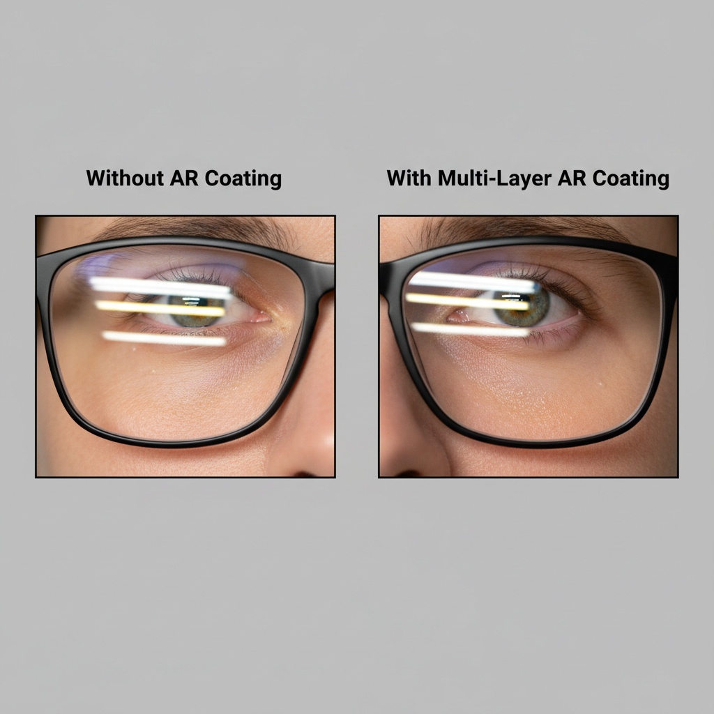 A visual comparison showing how a multi-layer anti-reflective coating eliminates glare on eyeglass lenses.
