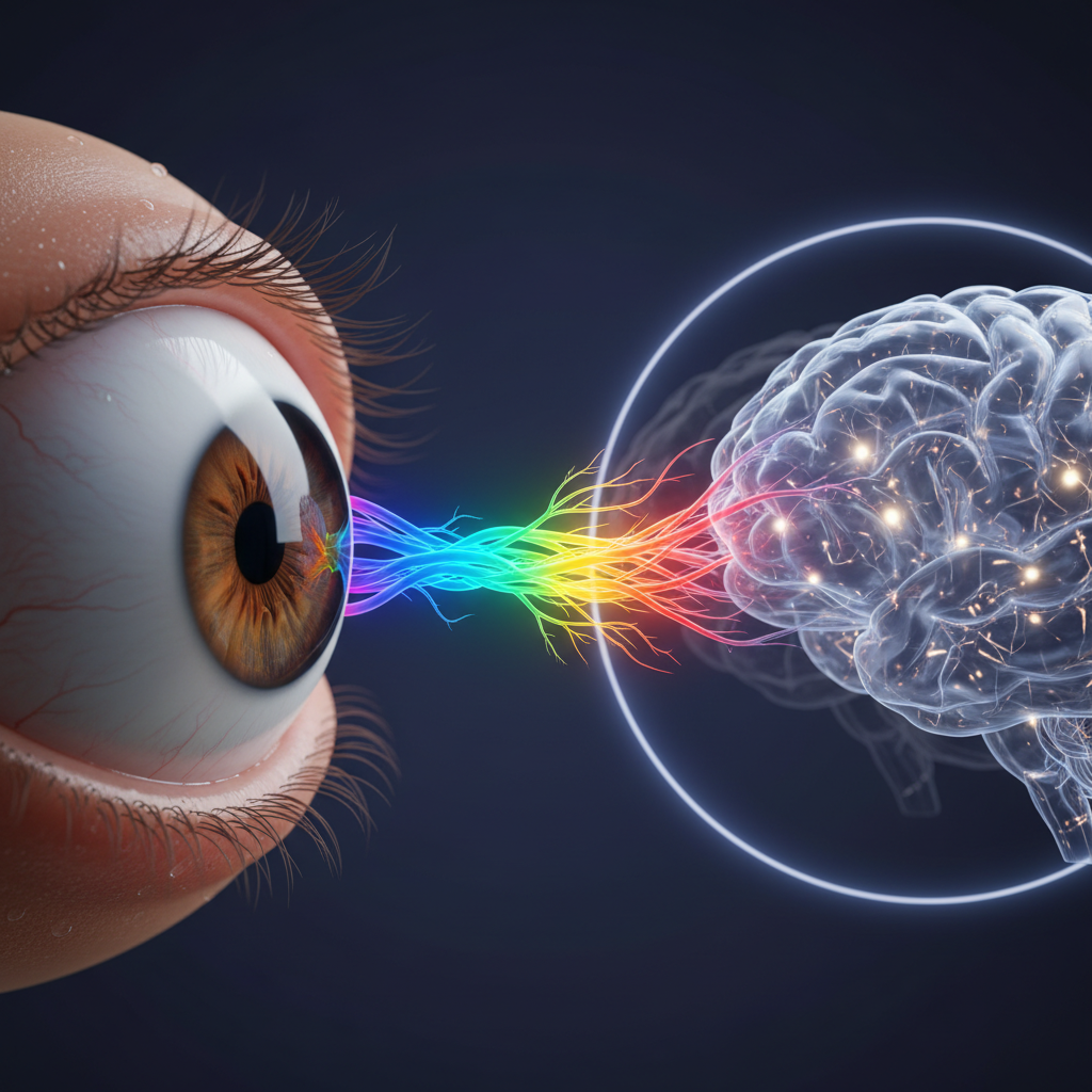 A striking and slightly abstract medical illustration showing a human eye with a highlighted optic nerve transmitting colorful signals to a stylized brain. The nerve in the foreground is vibrant, while a faint, desaturated version is in the background, symbolizing the issue. The style should be clean, modern, and reassuring.