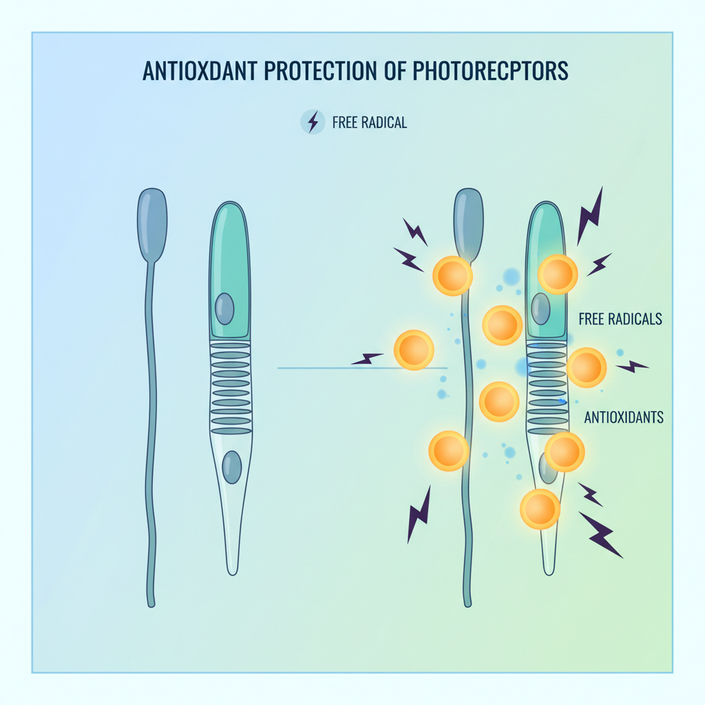 A clear, educational diagram illustrating a cross-section of the eye's photoreceptor cells (rods and cones). Arrows representing antioxidants from saffron are shown neutralizing harmful free radical molecules, thus protecting the cell structure from damage.