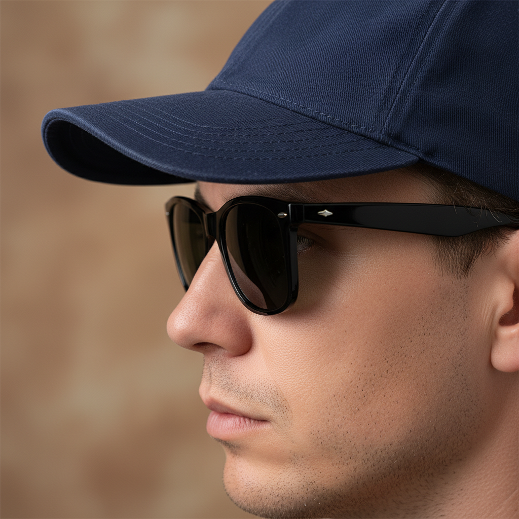 A side-profile shot of a man wearing a baseball cap and sunglasses, clearly showing the ideal 5-8mm gap between the hat's brim and the top of the frames.