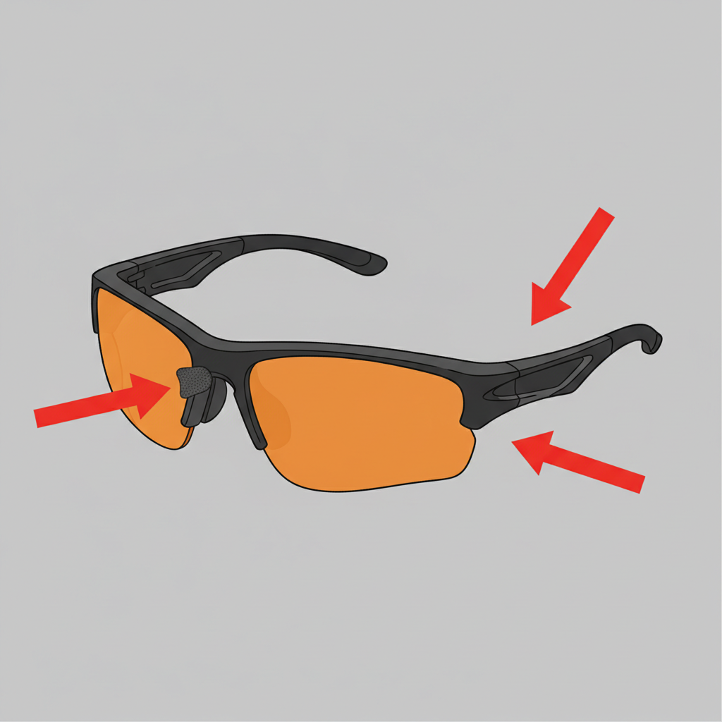 A diagram showing the three key contact points for non-slip sports sunglasses: the nose pads and the temple tips behind the ears.