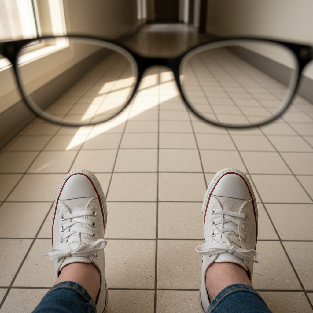 A first-person point-of-view shot looking down at a person's own shoes on a tiled floor, with a slight, subtle warping effect on the tiles to illustrate the initial spatial disorientation that can occur when adapting to new prism lenses.