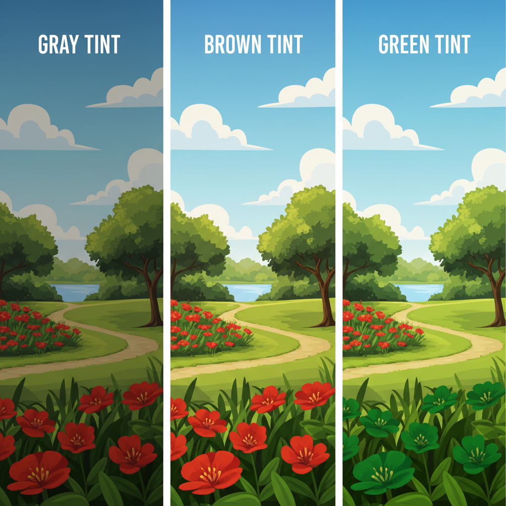 A side-by-side comparison chart showing the world as seen through gray, brown, and green sunglass tints, highlighting color neutrality versus contrast enhancement.