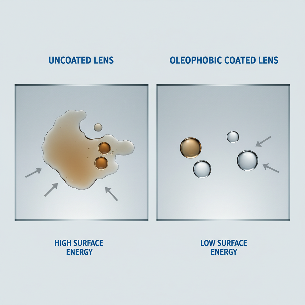 A diagram showing a split-screen comparison. On the left, an "Uncoated Lens" with oil and water smearing across the surface. On the right, a "Coated Lens" where oil and water form perfect beads, illustrating the principle of low surface energy.