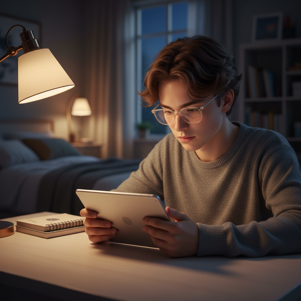 A teenager wearing blue light filtering glasses while working on a tablet in the evening in a warmly lit room to promote better sleep.