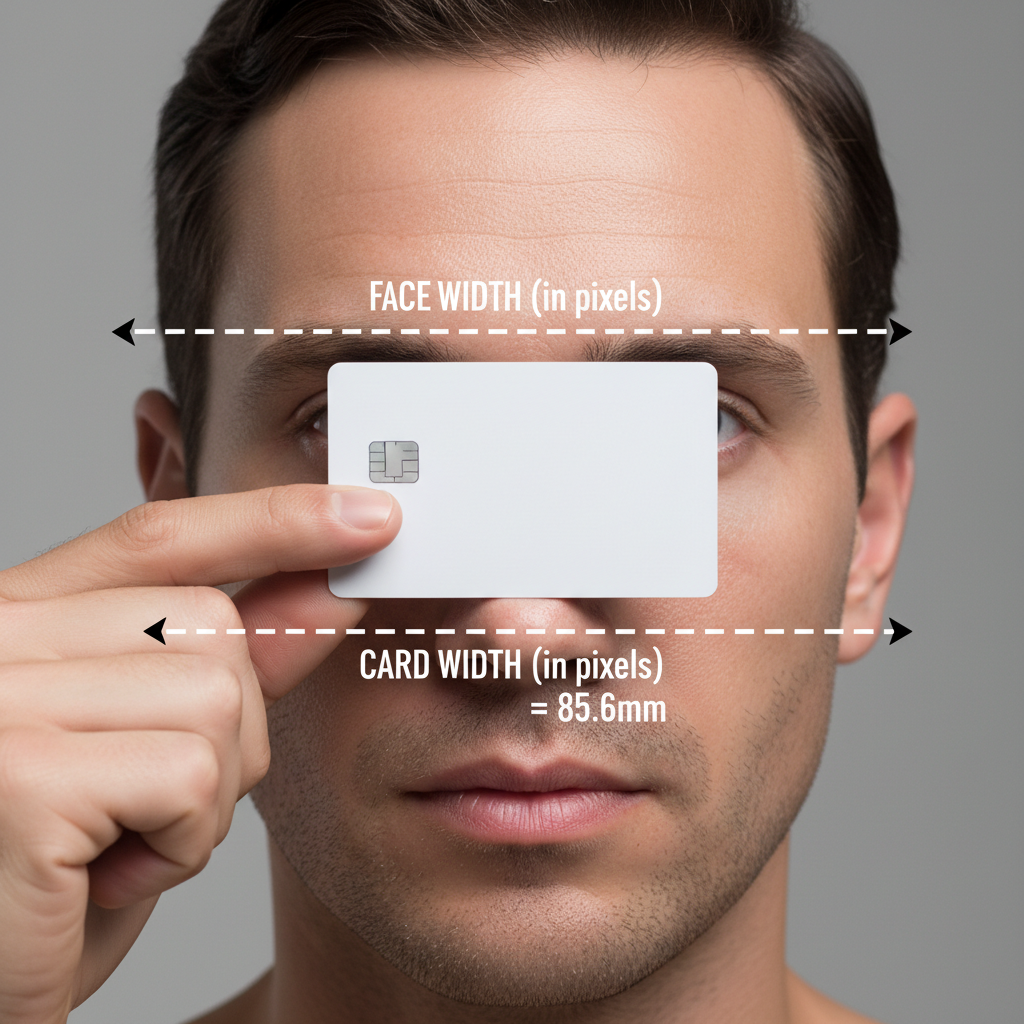 A diagram showing how to measure the pixel width of a face and a credit card in a photo to calculate frame size.