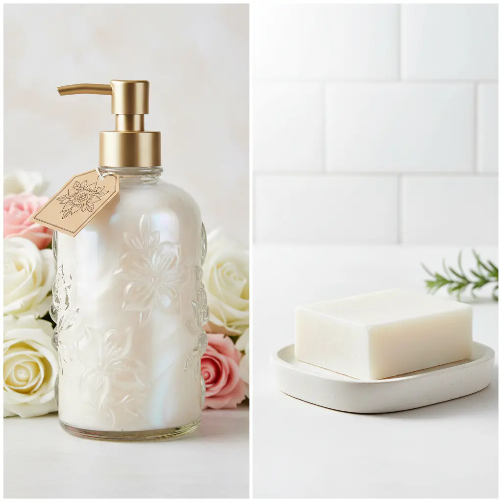 A split-screen image contrasting a decorative bottle of creamy liquid soap with a simple, pure white bar of soap, highlighting the bar soap as the correct choice for contact lens wearers.