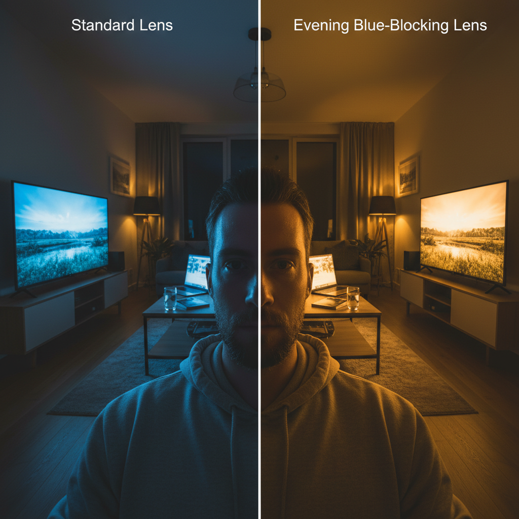 A split-screen image comparing the view through a clear lens versus a lens with a noticeable yellow-amber tint, showing how evening-wear blue light glasses alter color perception.