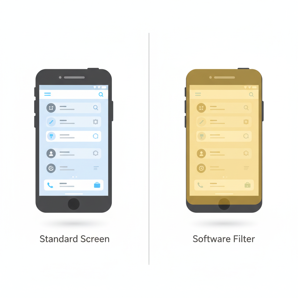 A split-screen diagram showing a smartphone with a standard bright blue screen on the left, and the same phone with a warm, orange-tinted night mode filter on the right.