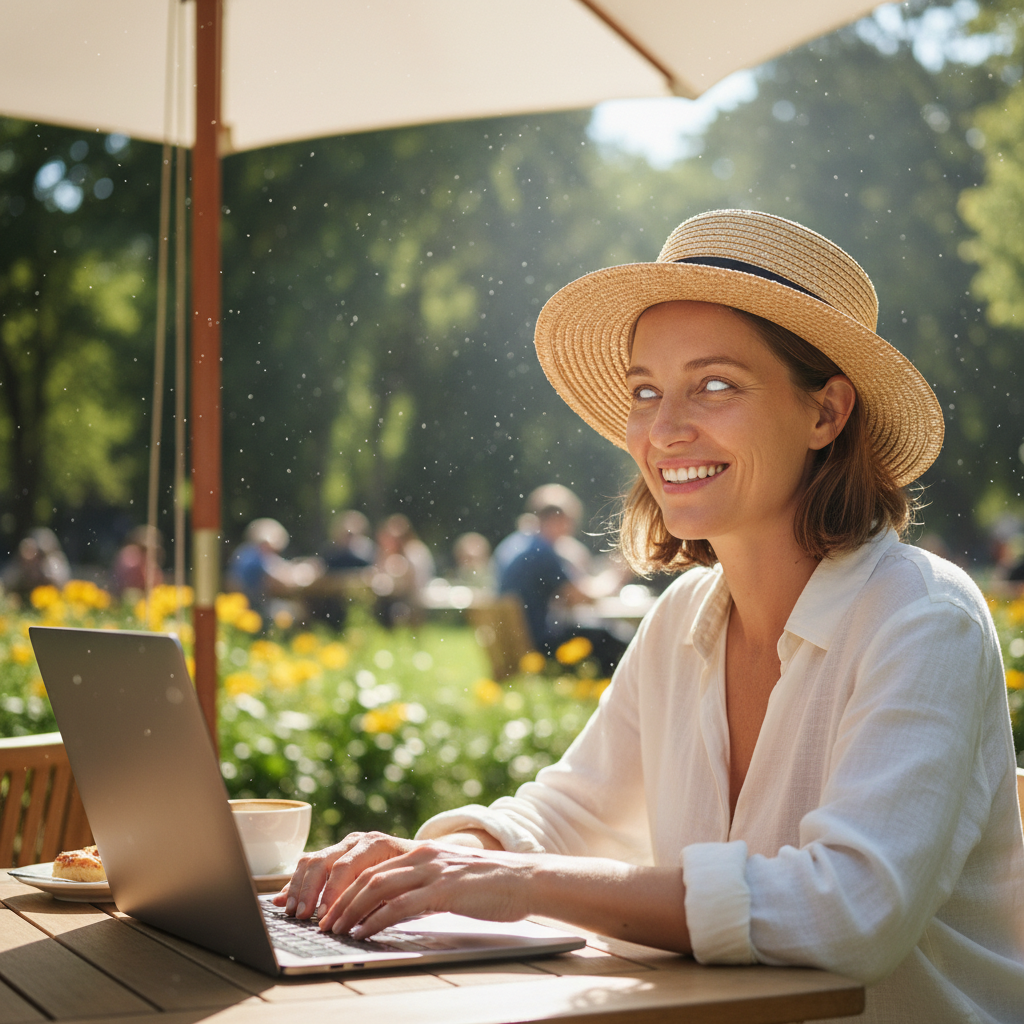 A person with clear, comfortable eyes working on a laptop outdoors, free from allergy symptoms thanks to daily lenses.