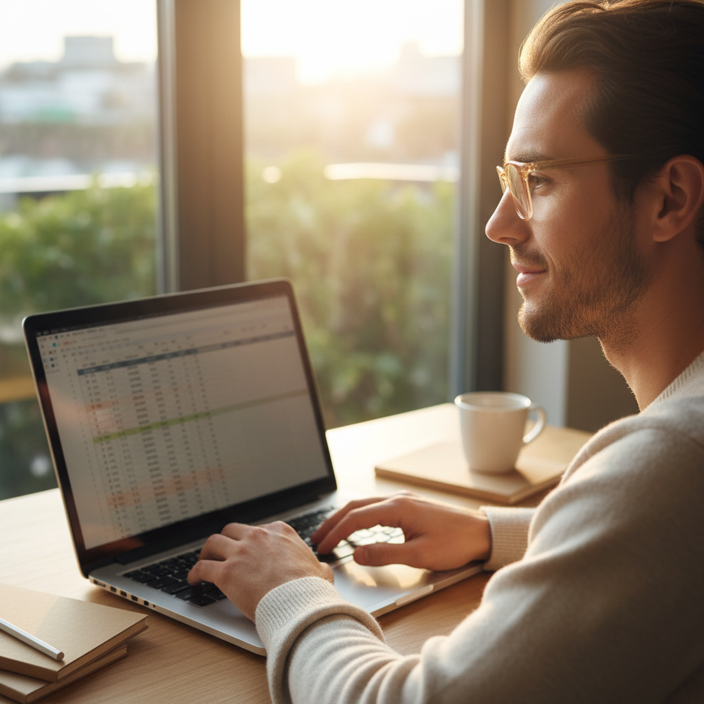 A person is working comfortably on their laptop at a desk situated near a large, sunlit window. They are wearing stylish, lightly tinted glasses, and their posture is relaxed, indicating visual comfort despite the bright ambient light.