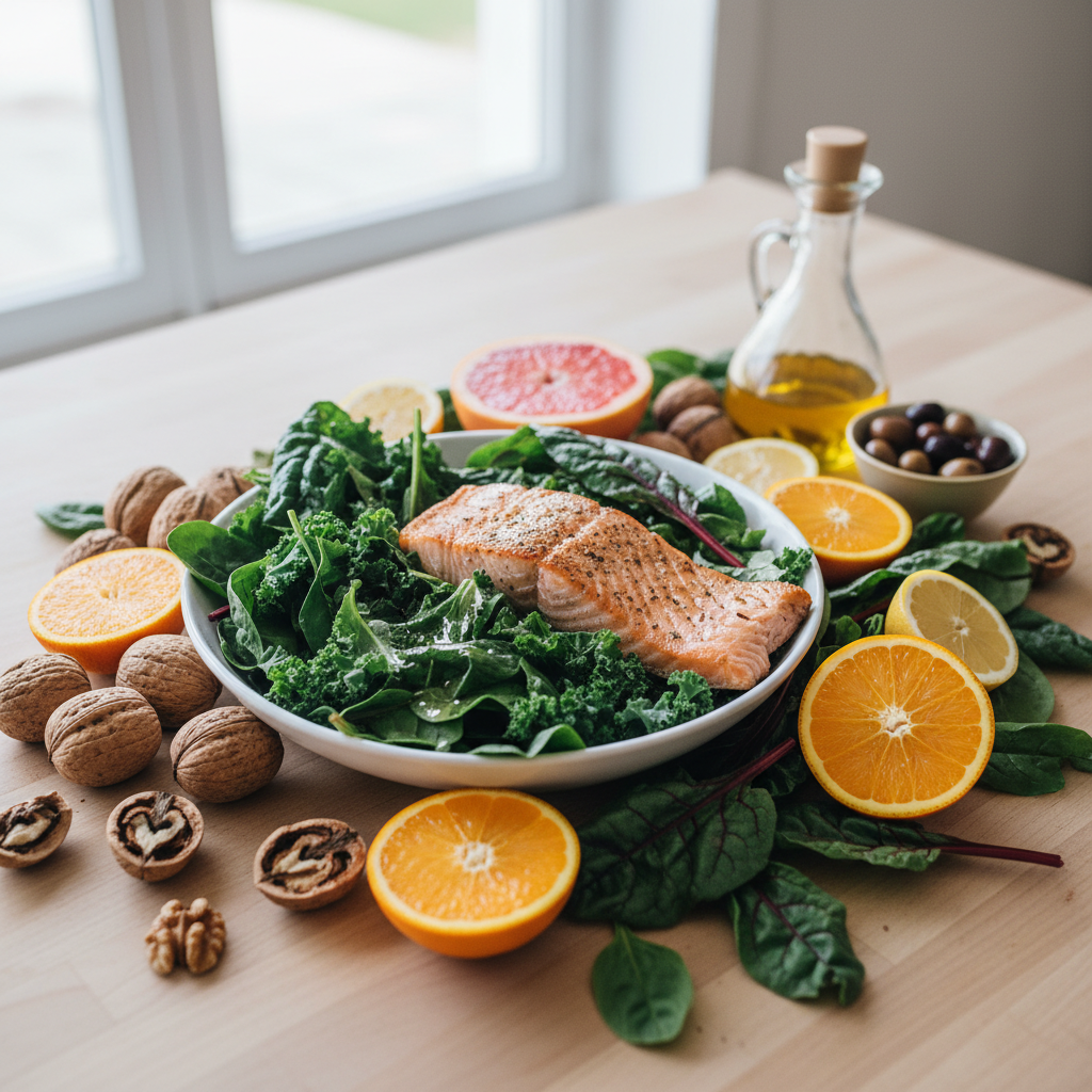 A flat lay of eye-healthy Mediterranean diet foods including salmon, leafy greens, walnuts, and citrus fruits on a clean kitchen counter.