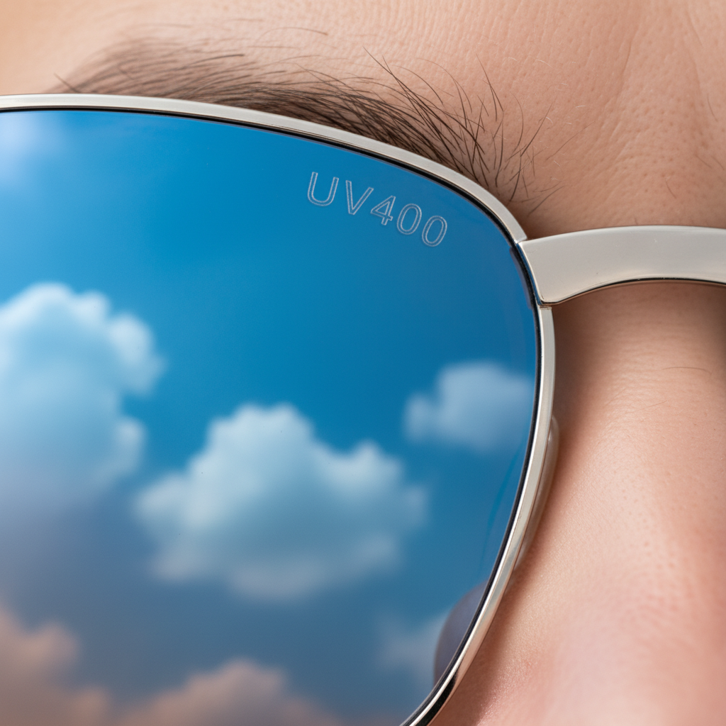 A close-up, detailed photo of the corner of a sunglass lens, with the letters "UV400" subtly etched into the surface.