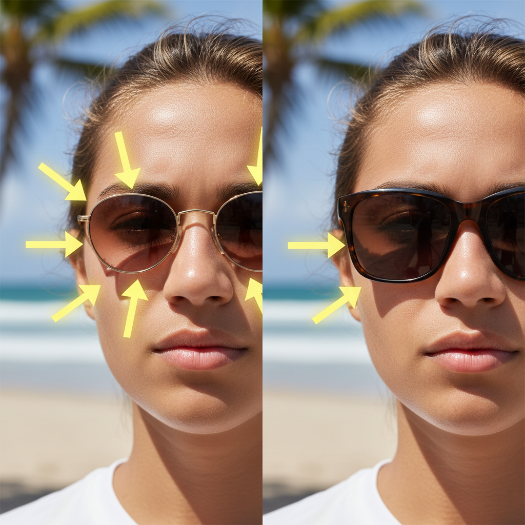A visual comparison showing how large, wraparound sunglasses block peripheral UV light from the side, while small fashion frames allow significant light leakage.