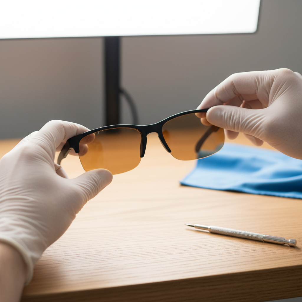 A step-by-step visual of how to safely swap a lens in an interchangeable sunglass frame, showing the proper clean technique.